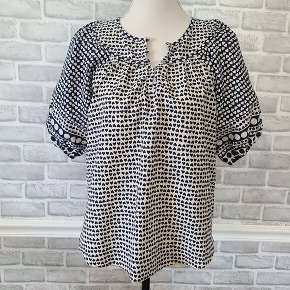 Loft Polka Dot Heart Print Puff Sleeve Blouse Top Womens Lg Petite Cottage - Picture 1 of 9